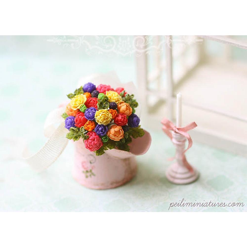 Doll House Toy Mini Flower Hand Tied Bouquet Rose Flower Arrangement FE 
