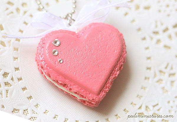 Heart Macaron Necklace - Raspberry Pink Macaron with swarovski crystal