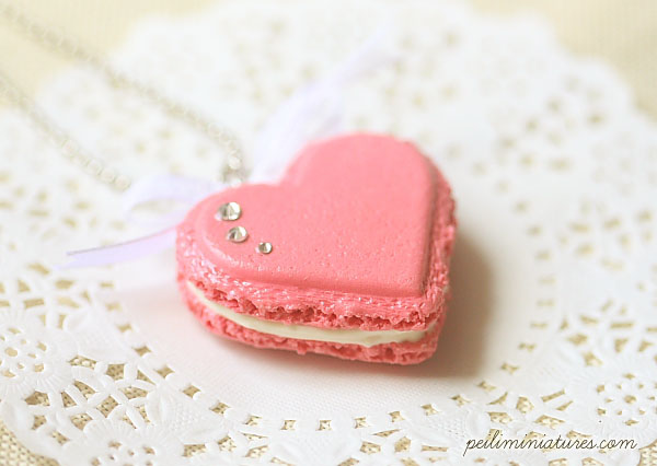 Heart Macaron Necklace - Raspberry Pink Macaron with swarovski crystal