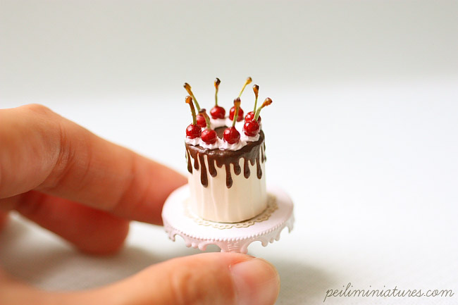 Miniature Dollhouse Food - Chocolate Ganache Cherries Cake