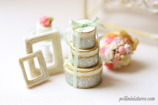 Dollhouse Miniature Soft Sage Round Victorian Gift Boxes