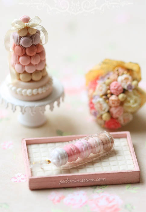 Dollhouse Food Miniatures - Assorted Pink Macarons in Cellophane Wrapping