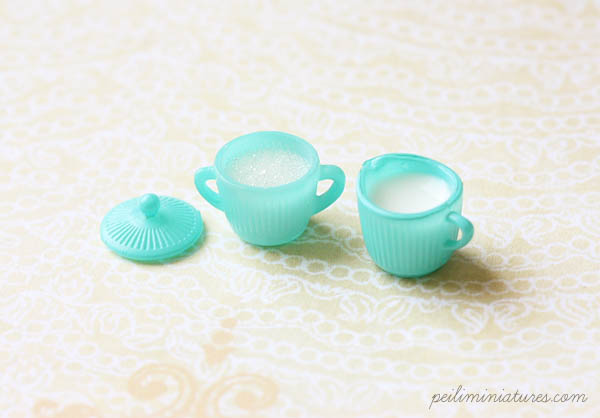 Dollhouse Miniature Turquoise Sugar Bowl and Milk Jar Set - Kitchen Accessories in 1/12 Scale