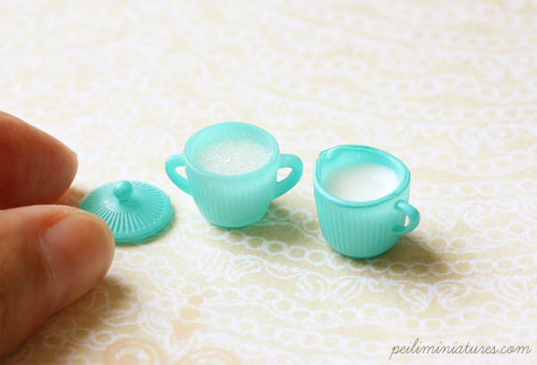 Dollhouse Miniature Turquoise Sugar Bowl and Milk Jar Set - Kitchen Accessories in 1/12 Scale