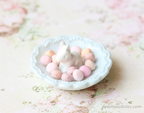 Dollhouse Miniature Bunny Rabbit Plate With Macarons - Kitchen Accessories in 1/12 Scale