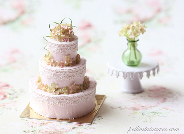 Dollhouse Cake - Three Tier Buttermilk Hydrangeas Wedding Cake