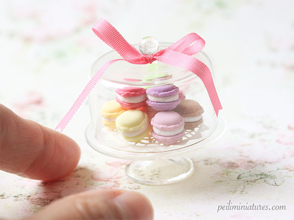 Dollhouse Miniature Food Sweet Macarons on Glass Display Stand