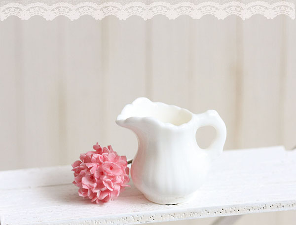 Dollhouse Miniature Pink Hydrangea Flower in White Porcelain Jug