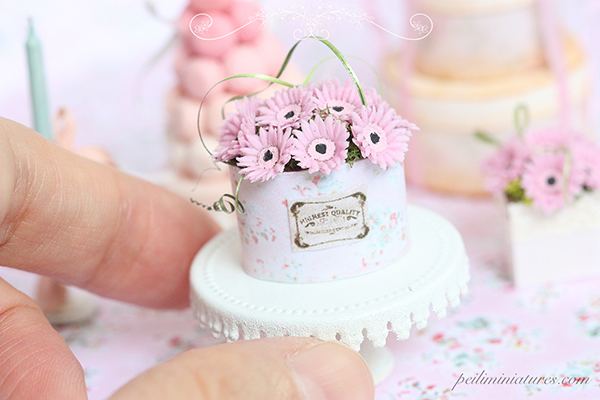 Dollhouse miniature sweet pink gerbera daisies in oval pot