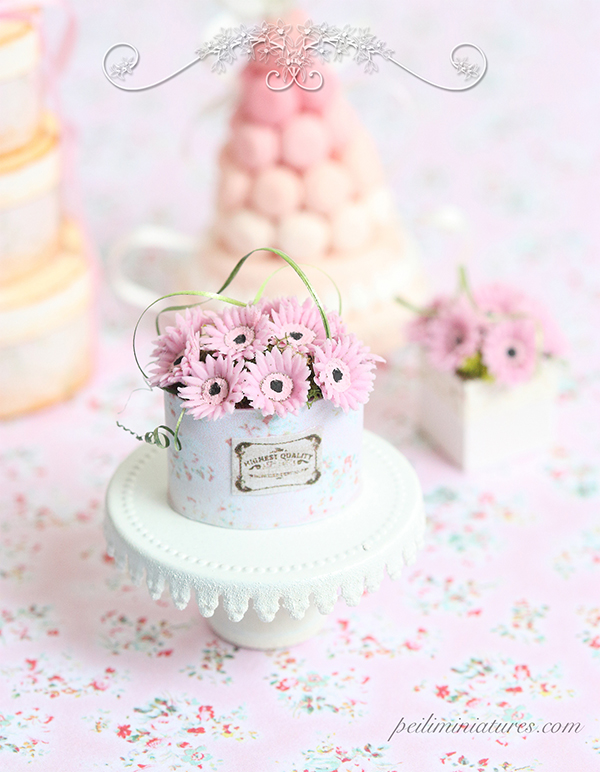 Dollhouse miniature sweet pink gerbera daisies in oval pot