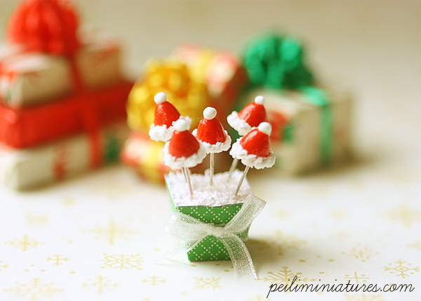 Miniature Dollhouse Food - Christmas Santa Hat Cake Pops in 1/12 Scale