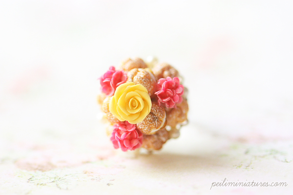 Miniature Food Ring - Profiteroles Ring with Yellow Rose
