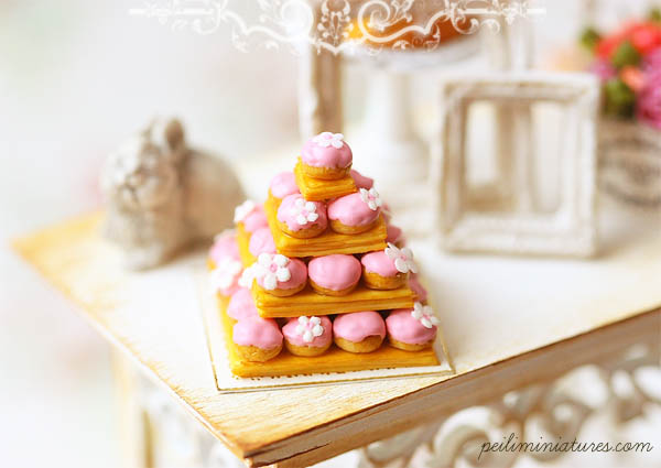 Miniature Food - Dollhouse Pink Profiterole Wedding Cake