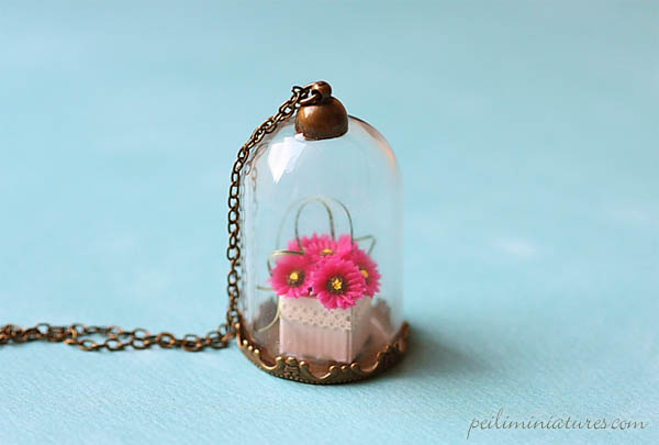 Gerbera Daisies Flower Terrarium Glass Necklace - Flower Jewelry