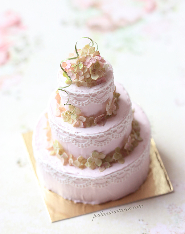 Dollhouse Cake - Three Tier Buttermilk Hydrangeas Wedding Cake
