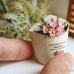 Dollhouse Miniature Plant - Pink Flowers in French Chic Planter